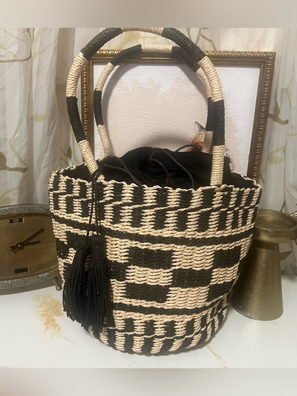 Carly Jean Los Angeles Black & Natural Woven Tassel Tote